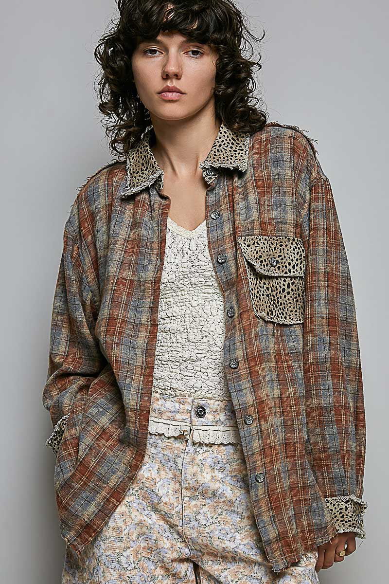LEOPARD WOVEN BUTTON UP TOP--BRICK