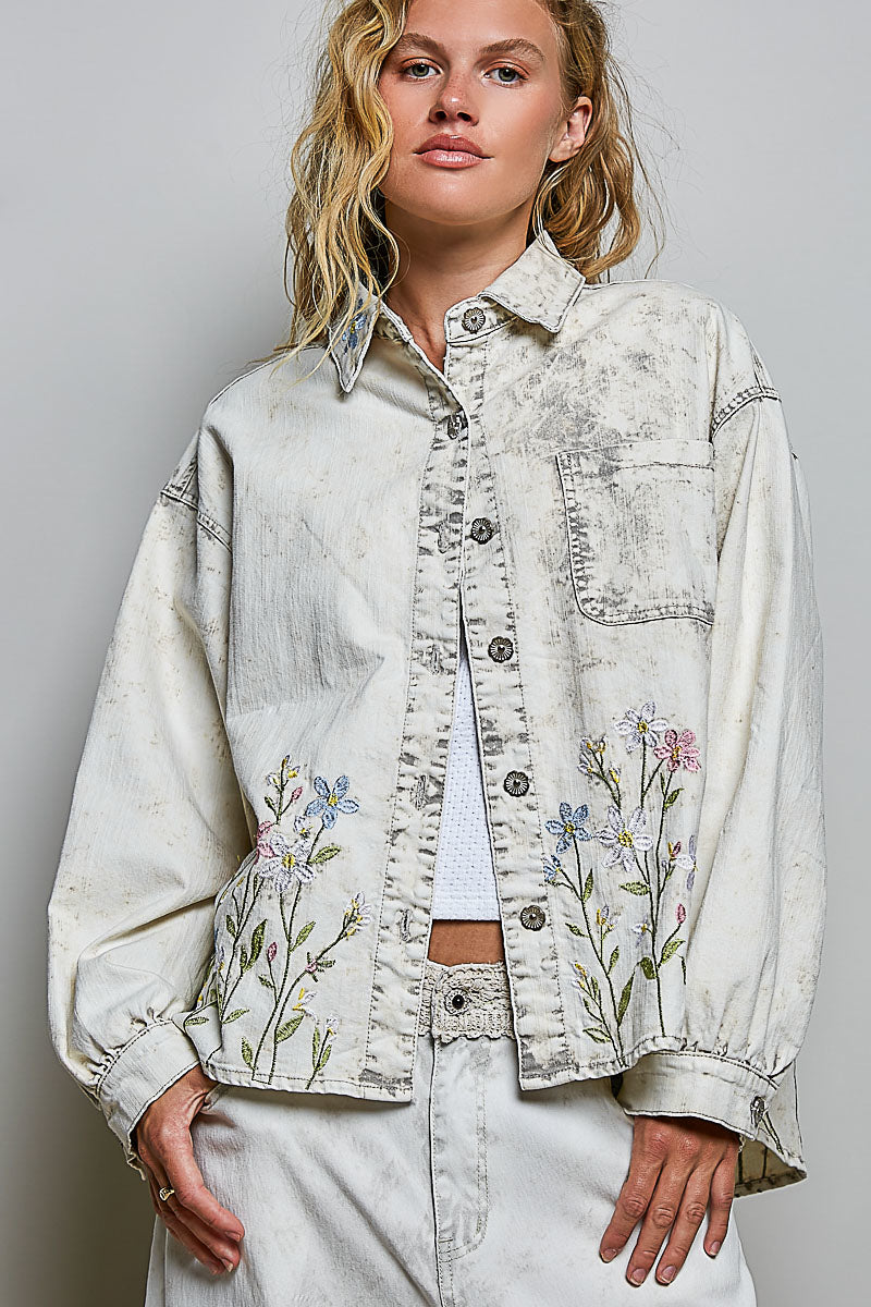 VINTAGE WASH TWILL JACKET--FLORAL EMBROIDERD