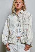 VINTAGE WASH TWILL JACKET--FLORAL EMBROIDERD