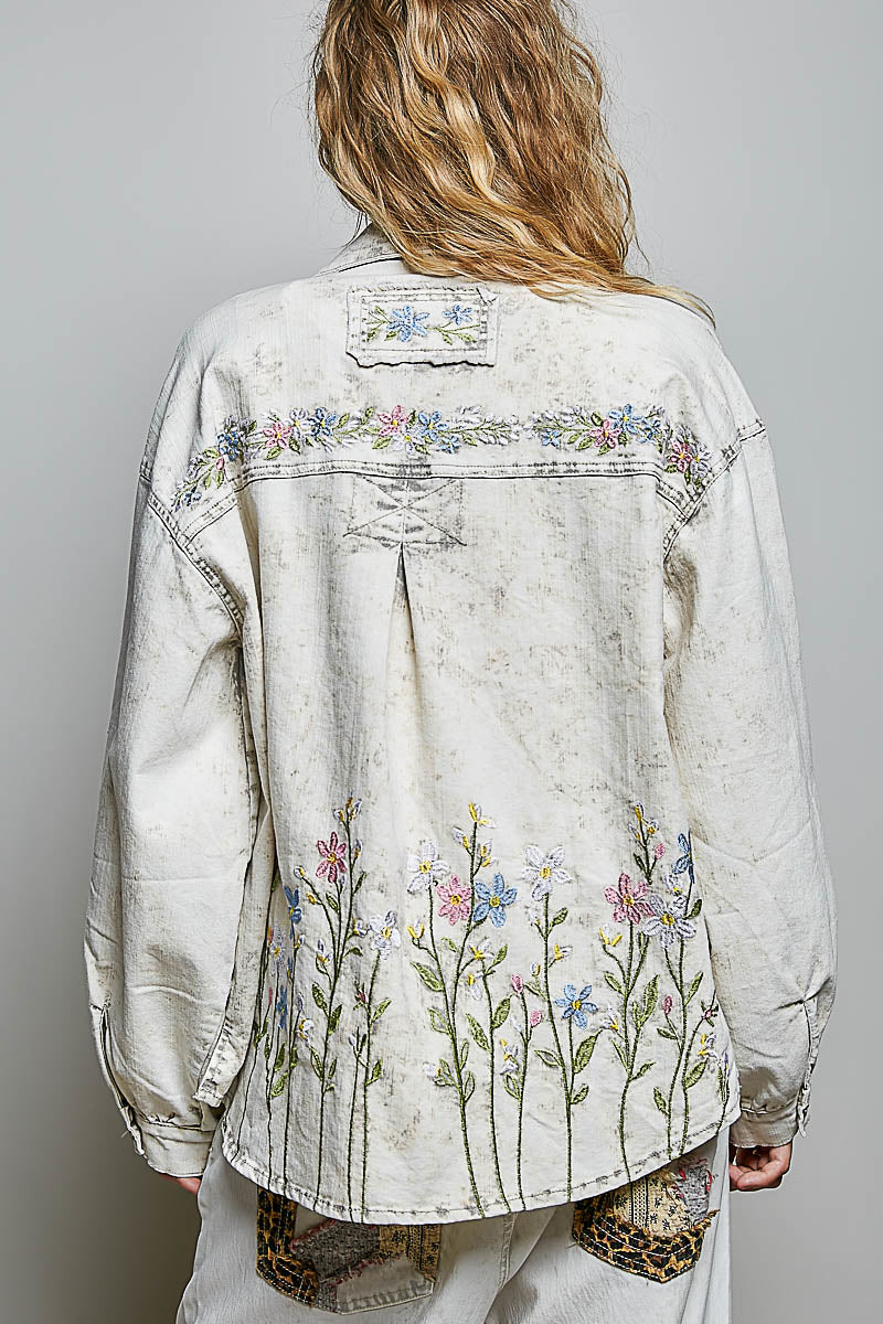 VINTAGE WASH TWILL JACKET--FLORAL EMBROIDERD