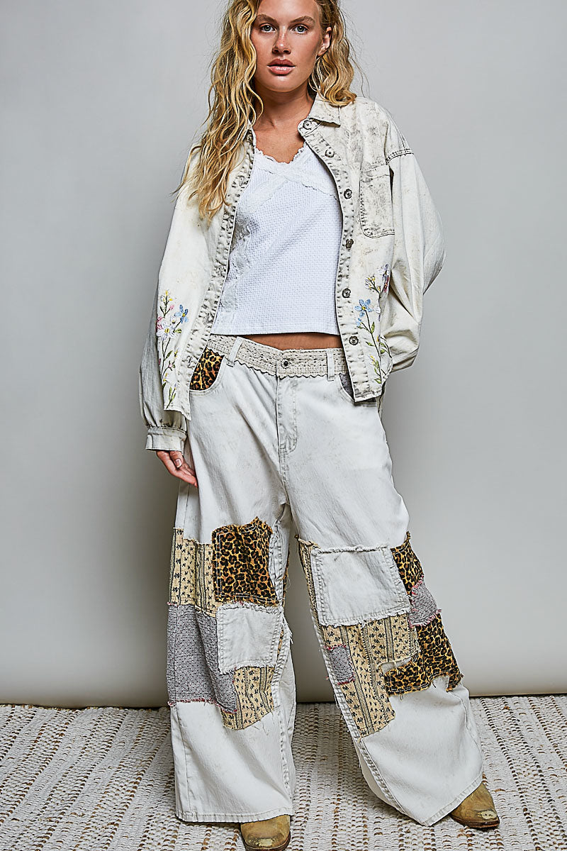 VINTAGE WASH TWILL JACKET--FLORAL EMBROIDERD