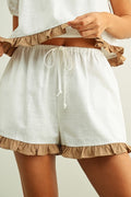 RUFFLED HEM LINEN SHORTS--WHITE/TAN