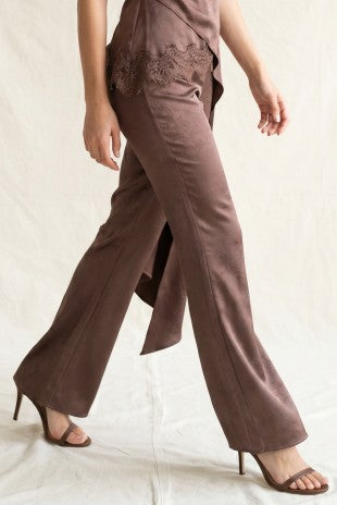 SATIN WIDE LEG TROUSERS--BROWN