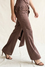 SATIN WIDE LEG TROUSERS--BROWN