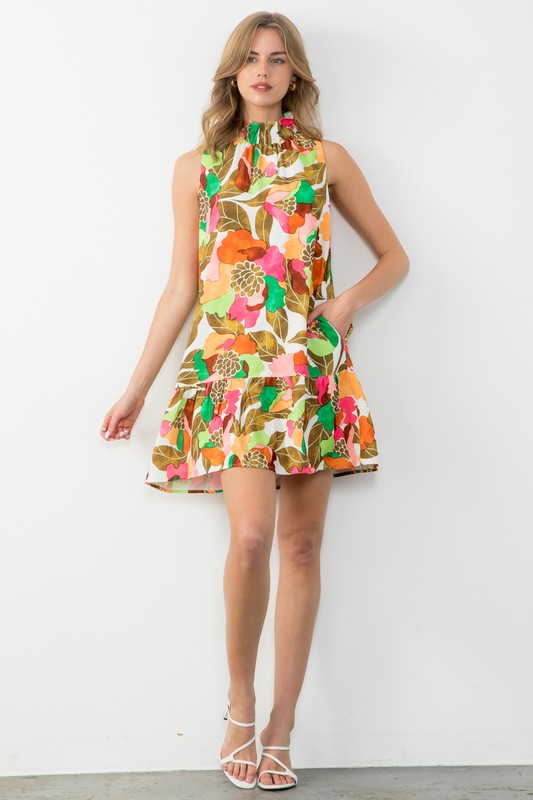 TROPICAL MOCK NECK DRESS