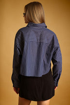 STRIPED BUTTON DOWN TOP--NAVY