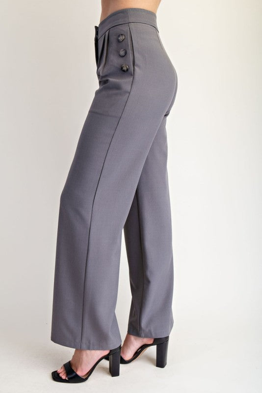 SIDE BUTTON DETAIL WOVEN PANTS--GREY