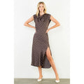 COWL NECK POLKA DOT SLIT DRESS--BROWN