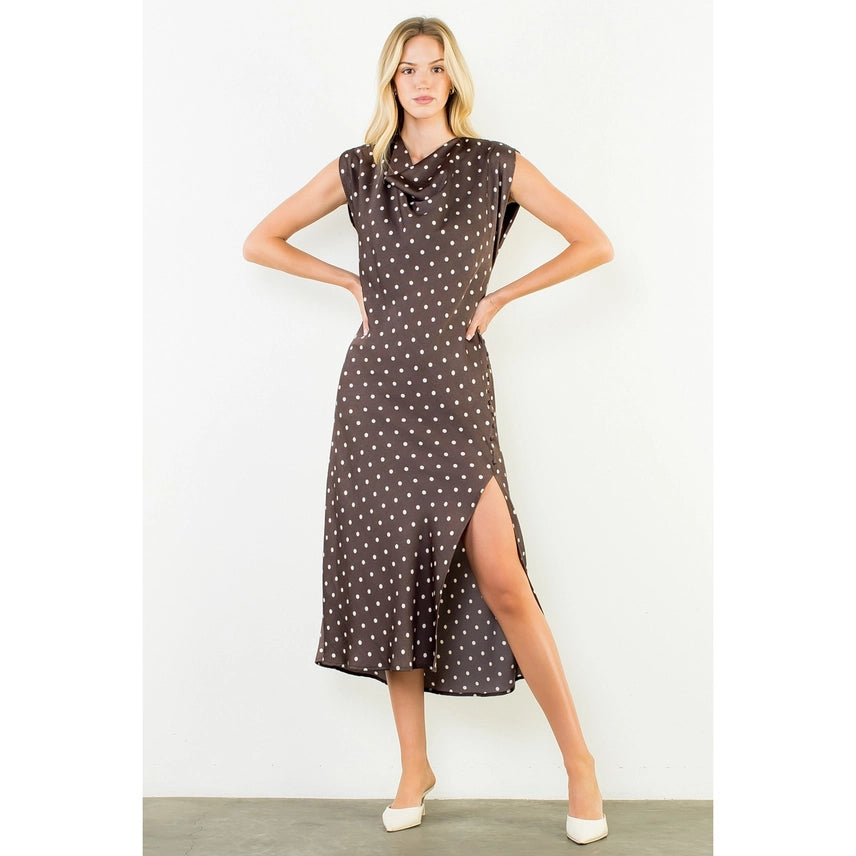 COWL NECK POLKA DOT SLIT DRESS--BROWN