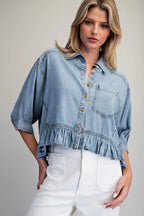 RUFFLED HEM BUTTON DOWN DENIM TOP--LT. DENIM