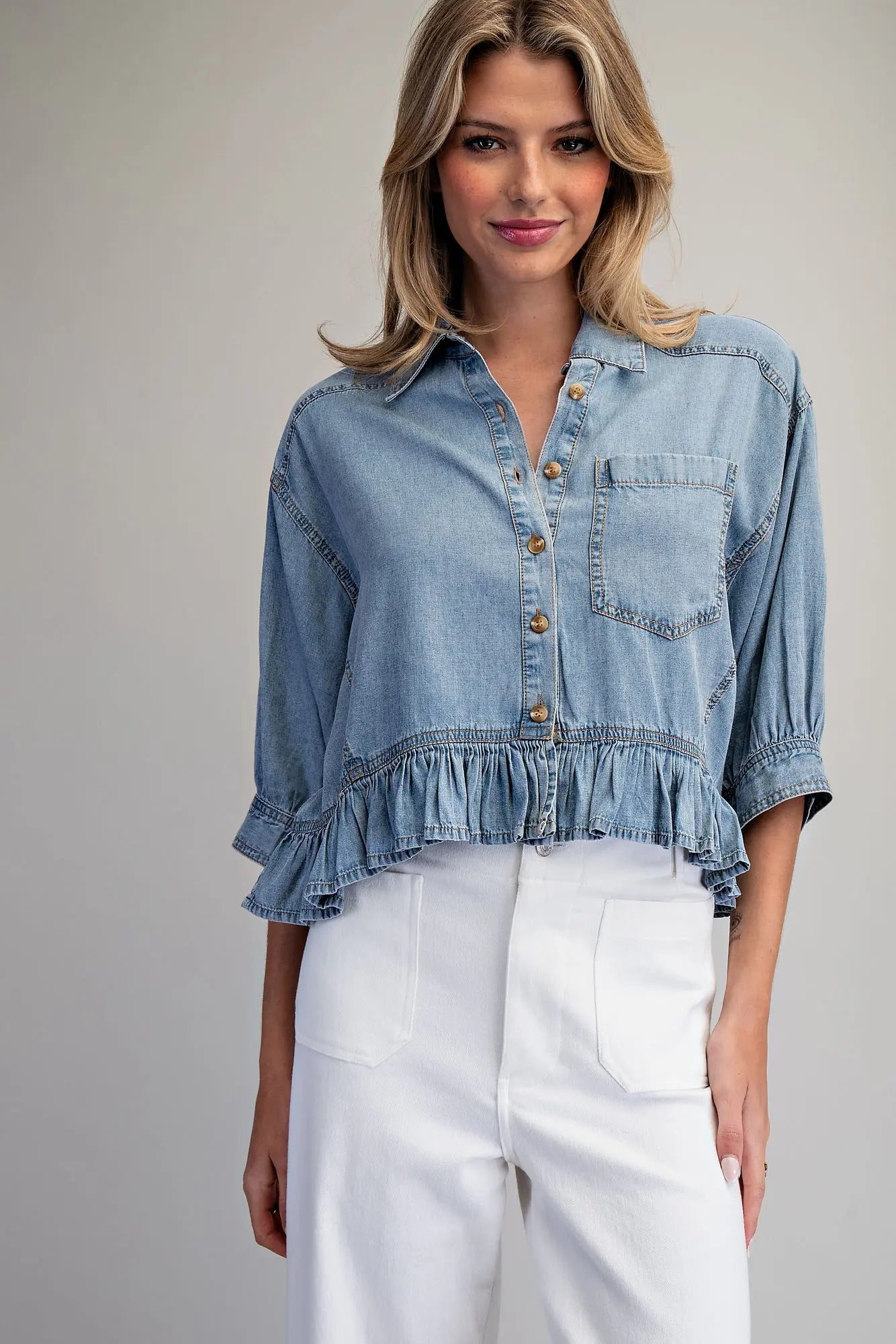 RUFFLED HEM BUTTON DOWN DENIM TOP--LT. DENIM
