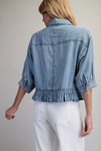 RUFFLED HEM BUTTON DOWN DENIM TOP--LT. DENIM