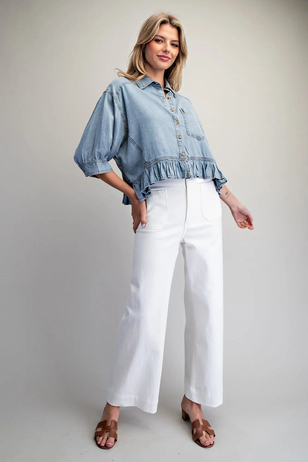 RUFFLED HEM BUTTON DOWN DENIM TOP--LT. DENIM