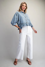 RUFFLED HEM BUTTON DOWN DENIM TOP--LT. DENIM
