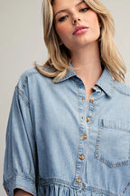 RUFFLED HEM BUTTON DOWN DENIM TOP--LT. DENIM