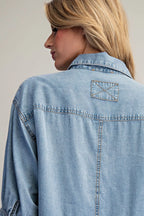 RUFFLED HEM BUTTON DOWN DENIM TOP--LT. DENIM
