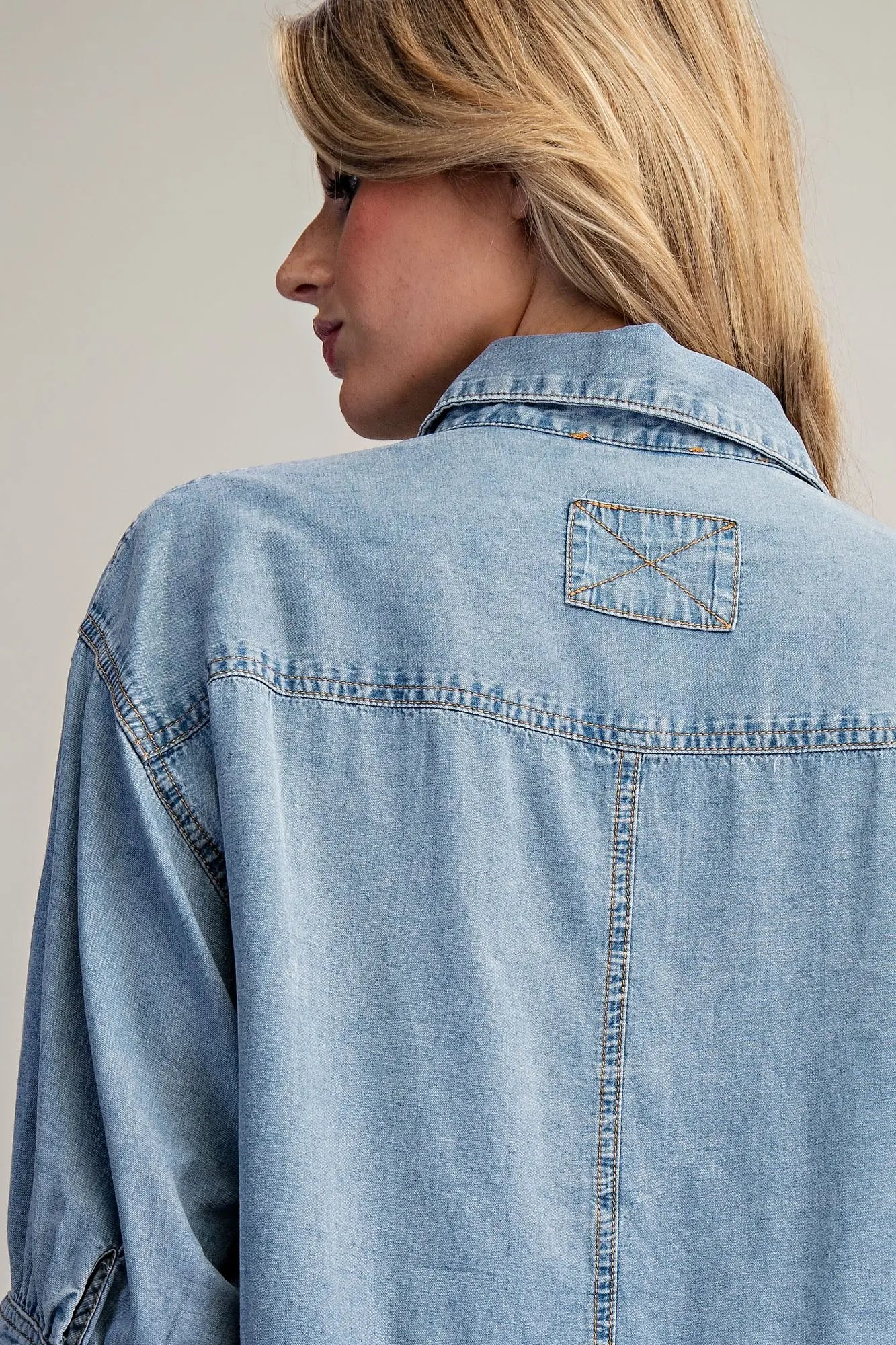 RUFFLED HEM BUTTON DOWN DENIM TOP--LT. DENIM