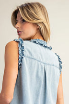 SLEEVELESS RUFFLED DENIM DRESS