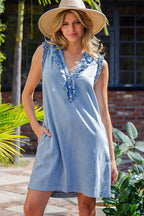 SLEEVELESS RUFFLED DENIM DRESS