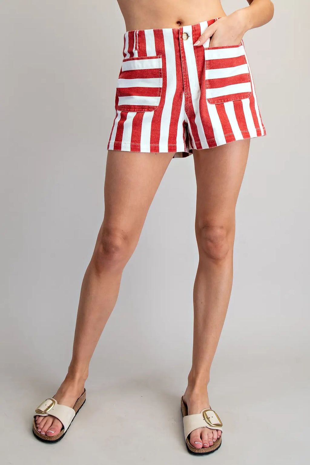 MINERAL WASHED STRIPED DENIM SHORTS--RED