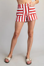 MINERAL WASHED STRIPED DENIM SHORTS--RED