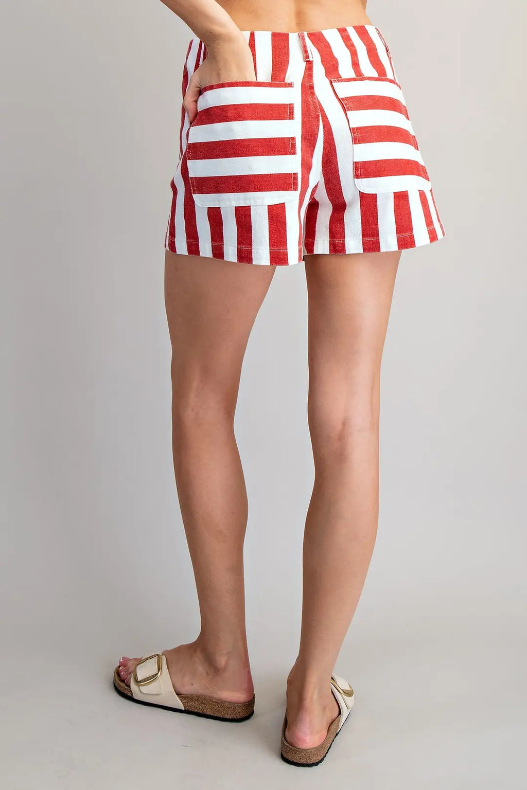 MINERAL WASHED STRIPED DENIM SHORTS--RED