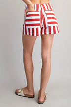 MINERAL WASHED STRIPED DENIM SHORTS--RED