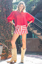 MINERAL WASHED STRIPED DENIM SHORTS--RED