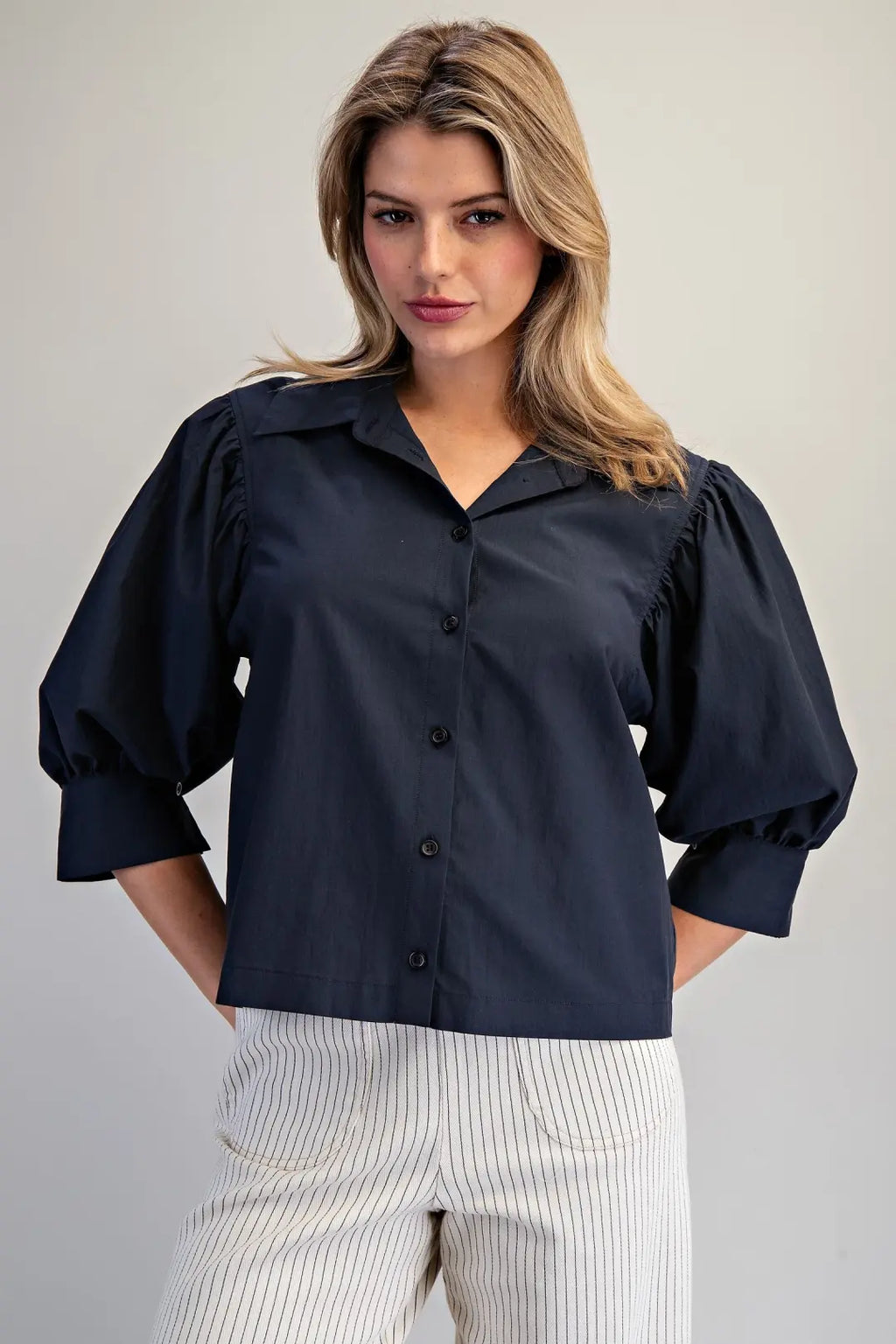PUFF SLEEVE BUTTON DOWN TOP--MIDNIGHT