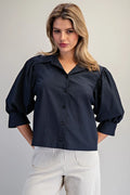 PUFF SLEEVE BUTTON DOWN TOP--MIDNIGHT