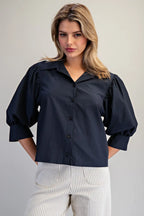 PUFF SLEEVE BUTTON DOWN TOP--MIDNIGHT