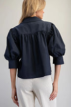 PUFF SLEEVE BUTTON DOWN TOP--MIDNIGHT