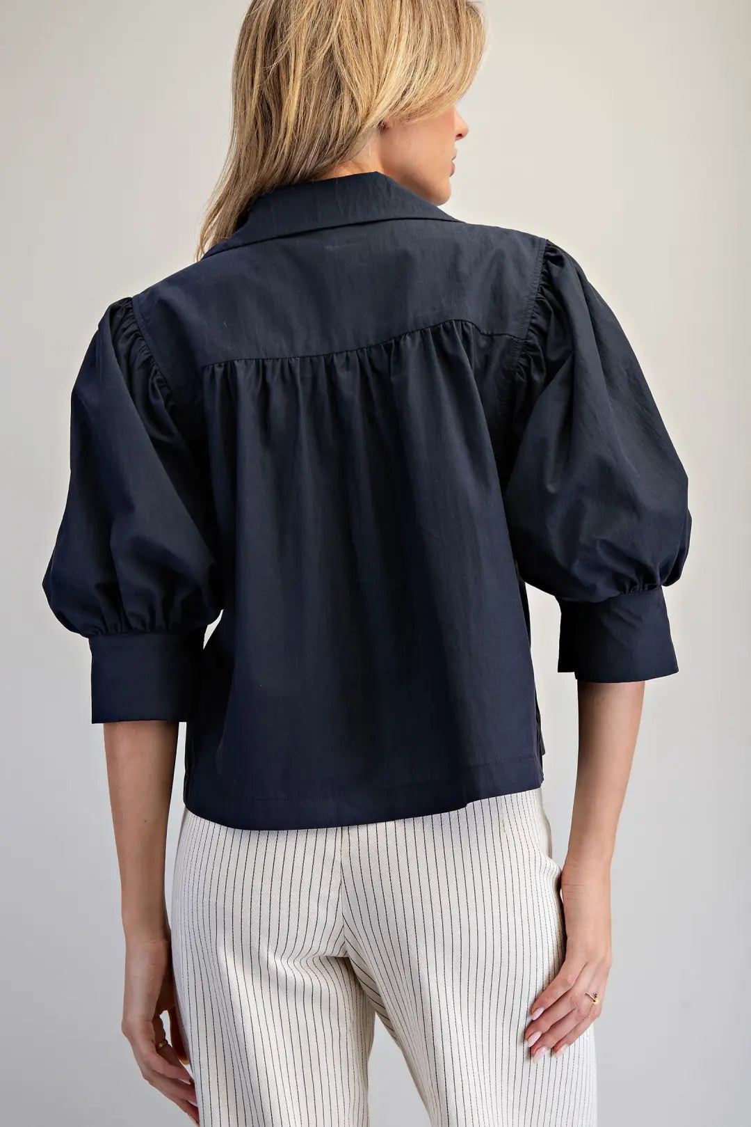 PUFF SLEEVE BUTTON DOWN TOP--MIDNIGHT