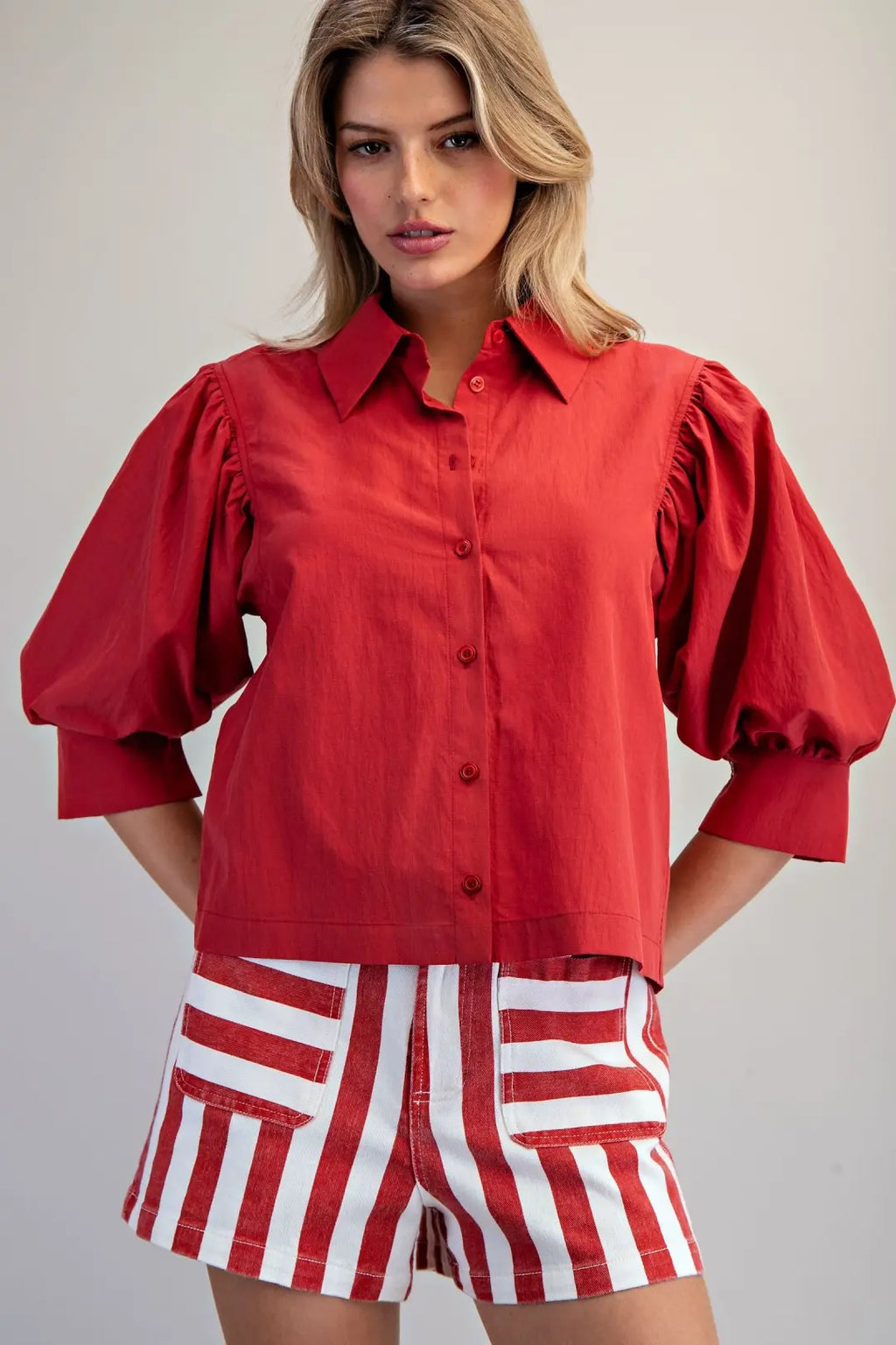 PUFF SLEEVE BUTTON DOWN TOP--RED