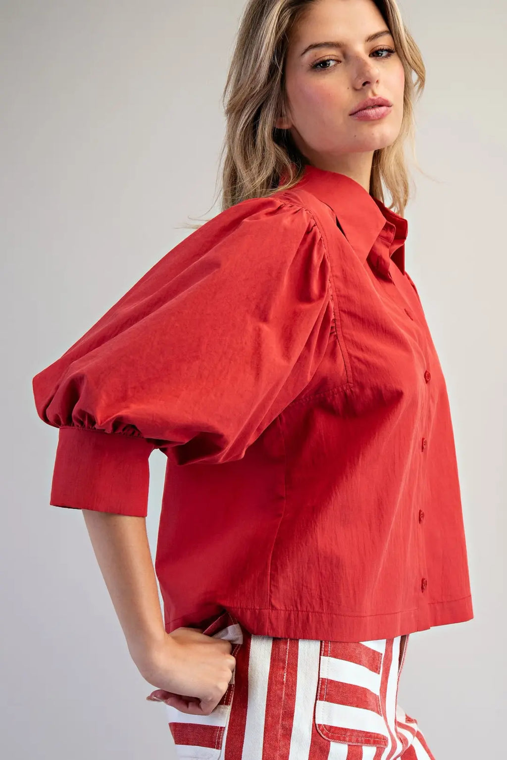 PUFF SLEEVE BUTTON DOWN TOP--RED