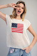 STARS AND STRIPES CAP SLEEVE TOP--OATMEAL