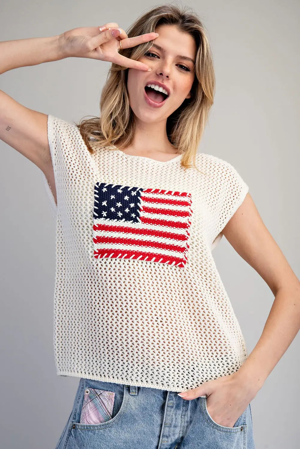 STARS AND STRIPES CAP SLEEVE TOP--OATMEAL