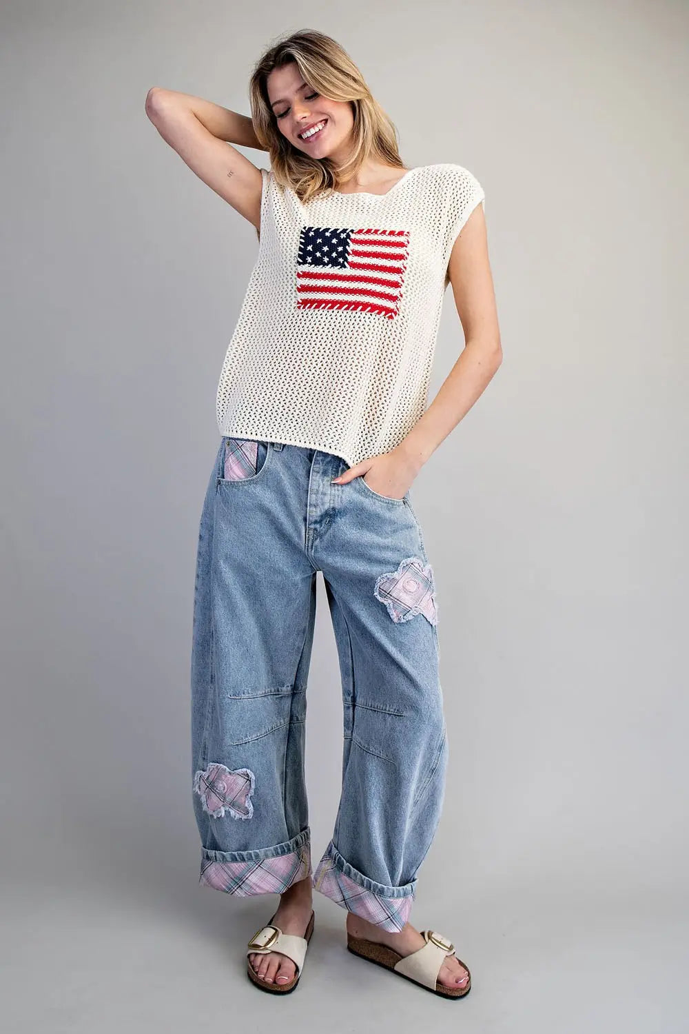 STARS AND STRIPES CAP SLEEVE TOP--OATMEAL