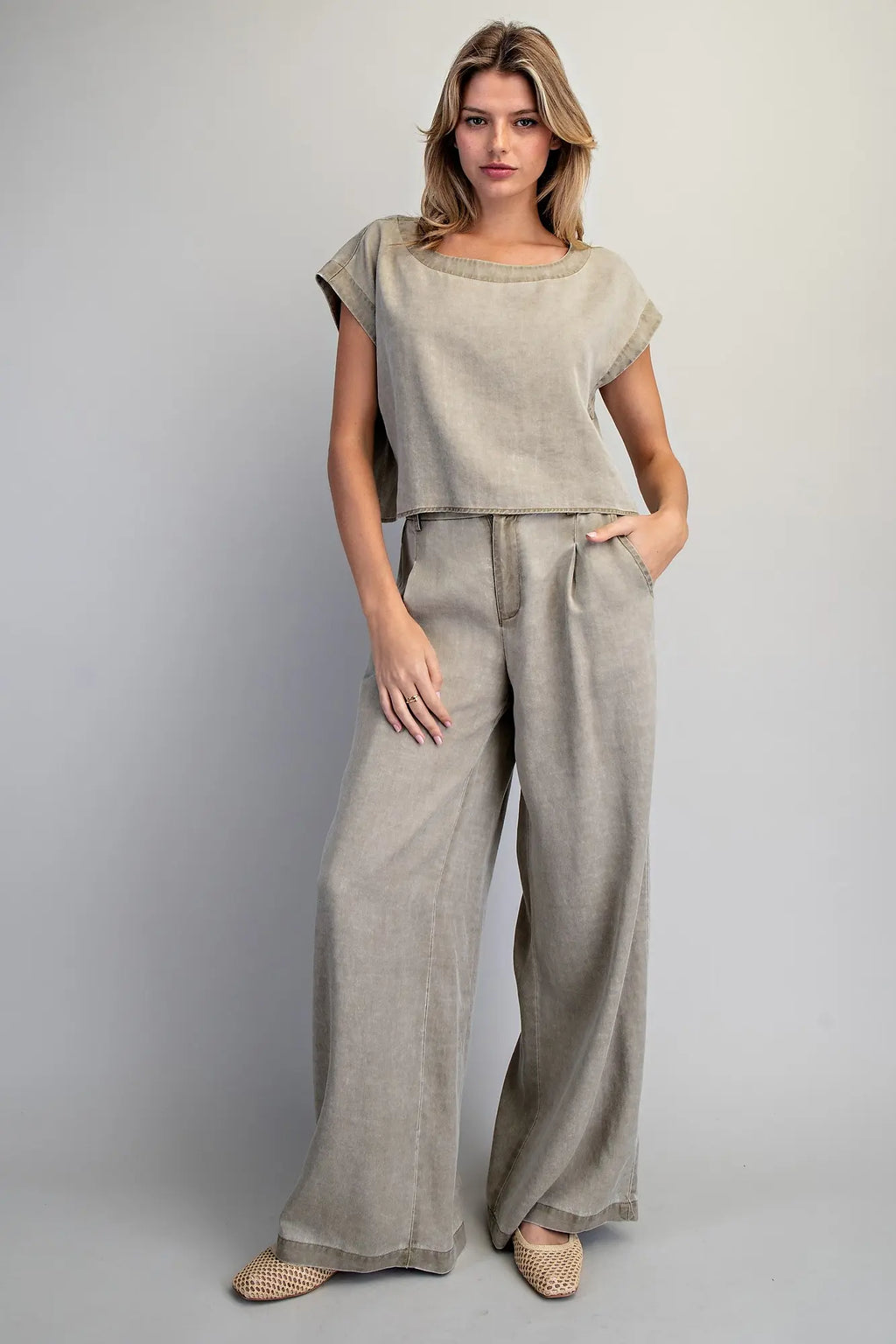 ZIPPER FRONT WIDE LEG TROUSER PANTS--OLIVE