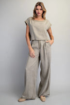 ZIPPER FRONT WIDE LEG TROUSER PANTS--OLIVE