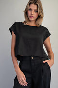 BUTTON BACK SHORT SLEEVE TOP--ASH BLACK