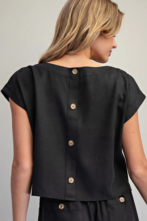 BUTTON BACK SHORT SLEEVE TOP--ASH BLACK
