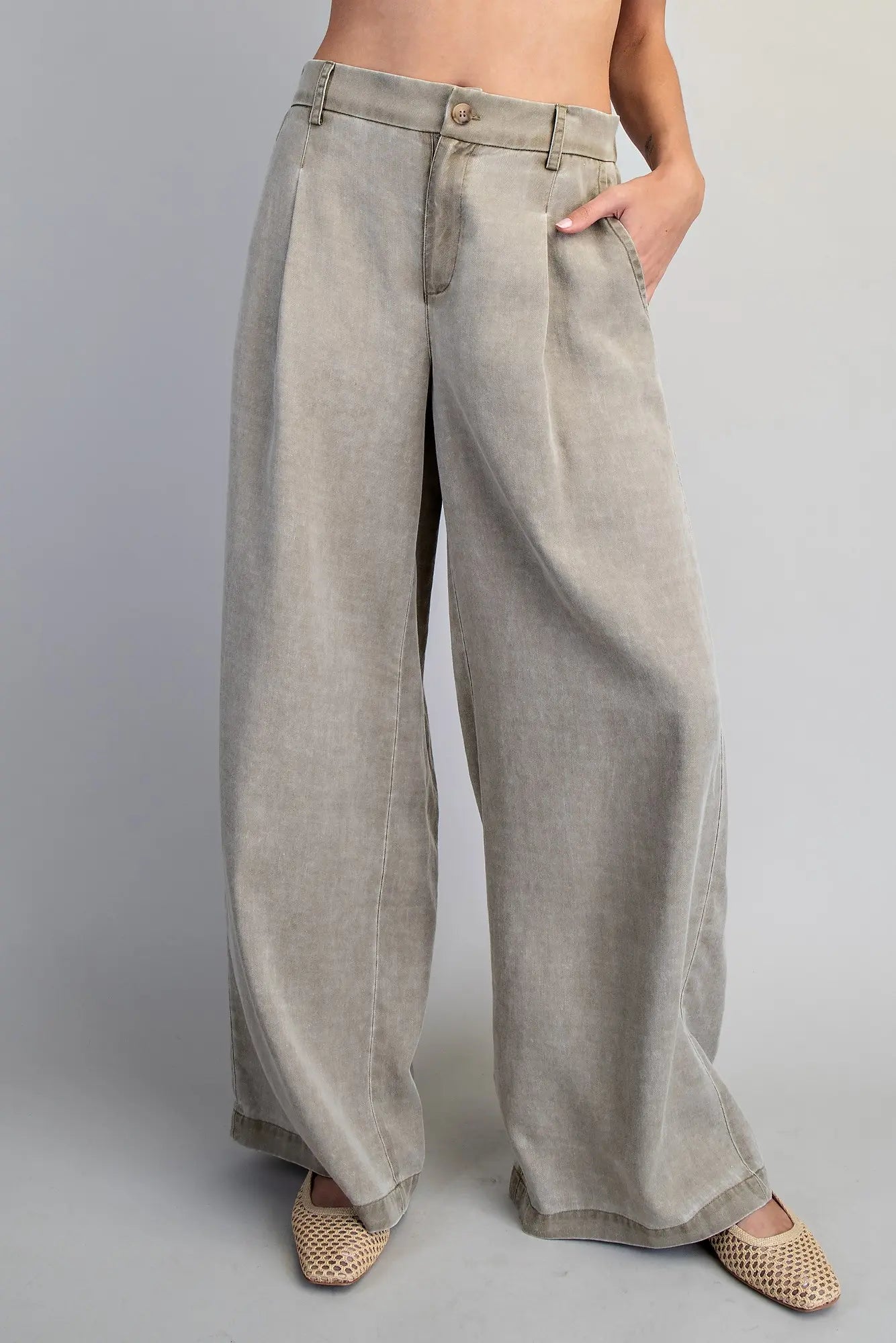 ZIPPER FRONT WIDE LEG TROUSER PANTS--OLIVE