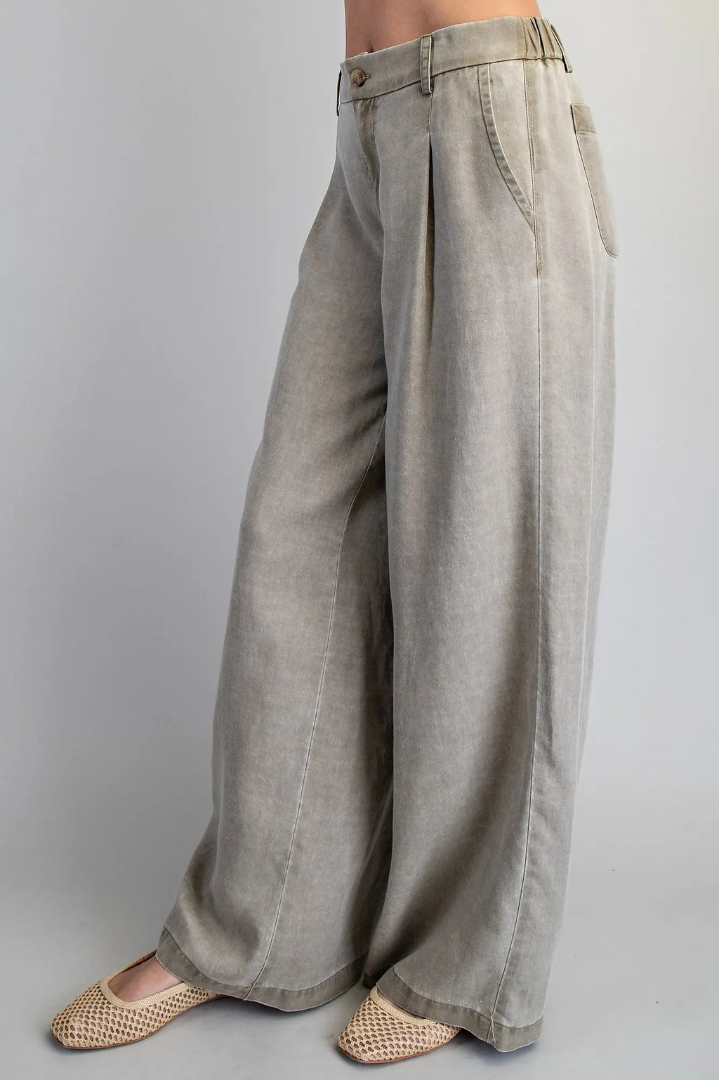 ZIPPER FRONT WIDE LEG TROUSER PANTS--OLIVE