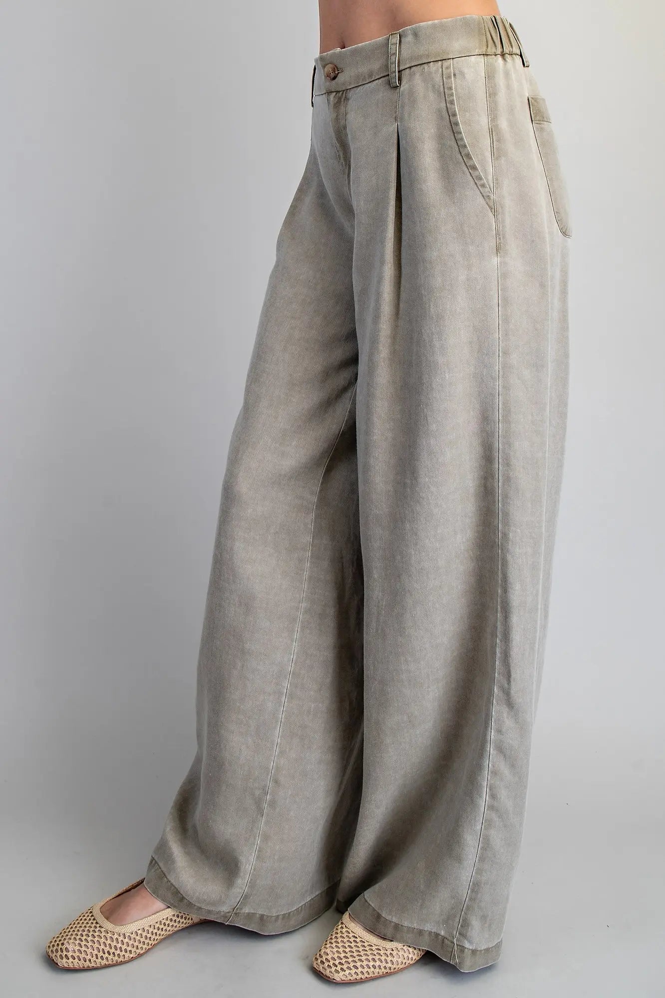 ZIPPER FRONT WIDE LEG TROUSER PANTS--OLIVE