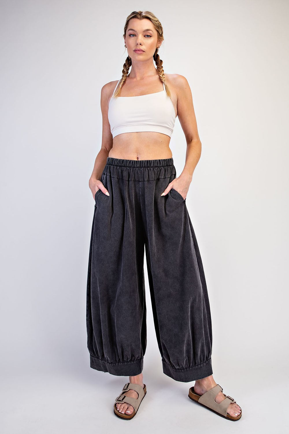 MW COTTON WIDE BALLOON PANTS--BLACK