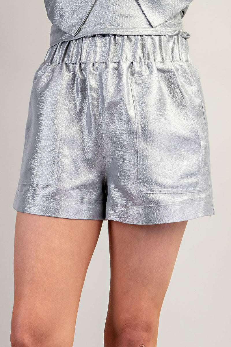 SHINE BRIGHT HIGH WAIST METALLIC SHORTS--SILVER