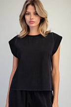 RIBBED TRIM CAP SLEEVE TOP--ASH BLACK