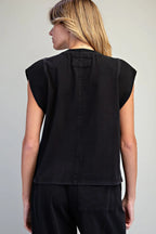 RIBBED TRIM CAP SLEEVE TOP--ASH BLACK