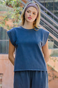RIBBED TRIM CAP SLEEVE TOP--INDIGO